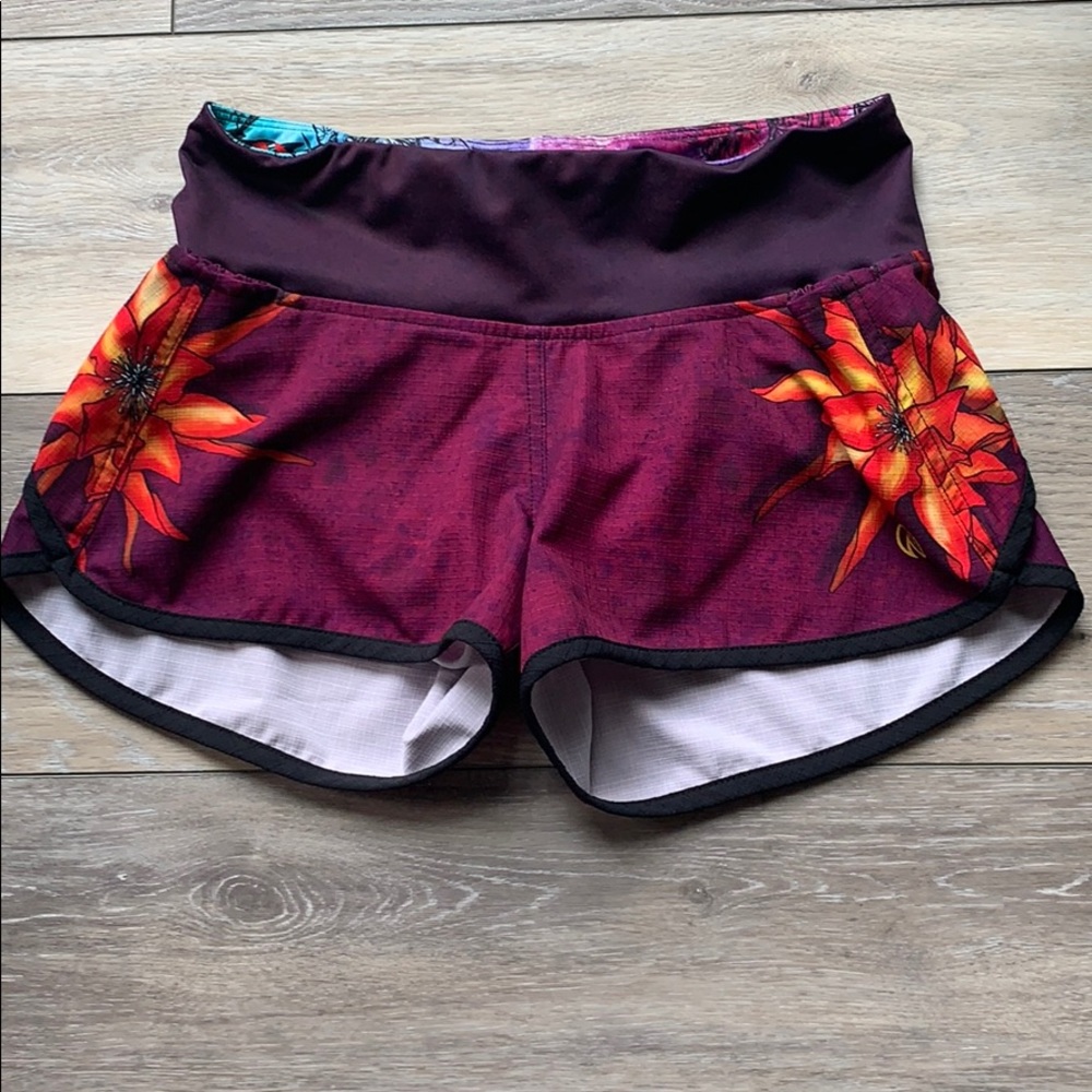 INKnBURN Women's Athletic Shorts in Plum with Orange Floral Accents